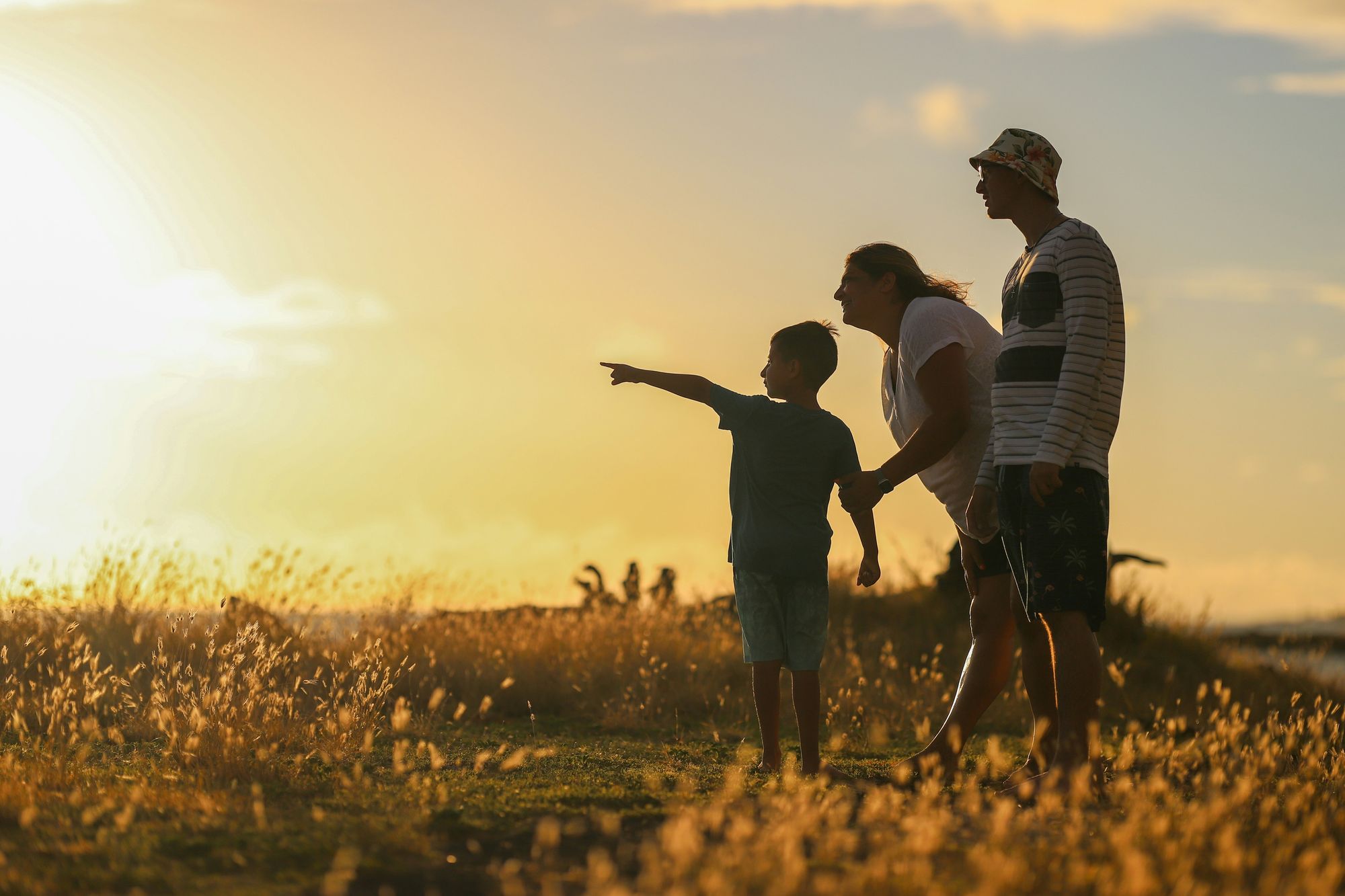 A family on a hillside at sunset